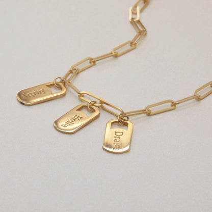 The Multiple Name Tag Bracelet as a mother's day gift in 18K Gold Vermeil. Safe for sensitive skin, made for keeping.