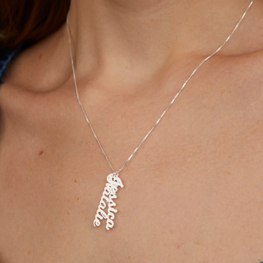 Close detail of the Multiple Vertical Name Necklace in 18K Gold Vermeil. Safe for sensitive skin, premium handmade jewelry.