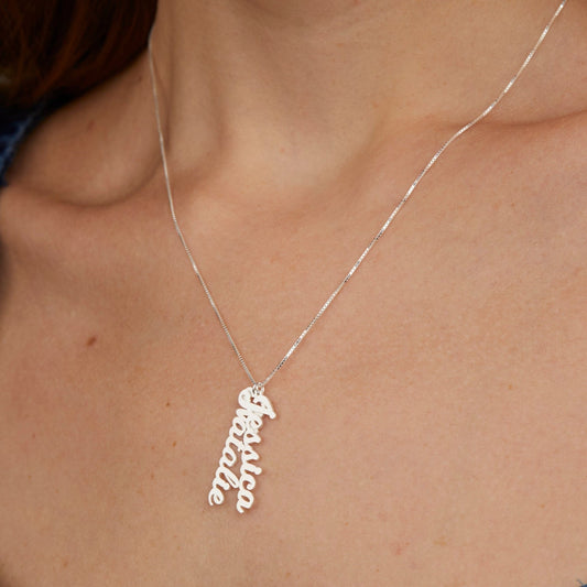 Close detail of the Multiple Vertical Name Necklace in 18K Gold Vermeil. Safe for sensitive skin, premium handmade jewelry.