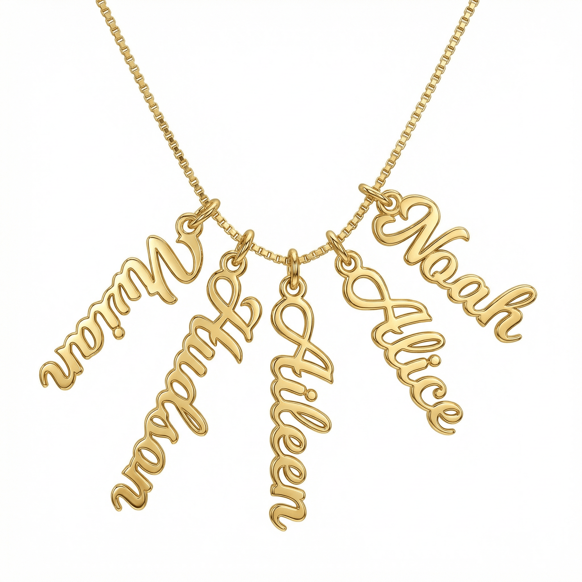 Multiple Vertical Name Necklace in 18K Gold Vermeil. Tarnish-resistant, perfect for daily wear.