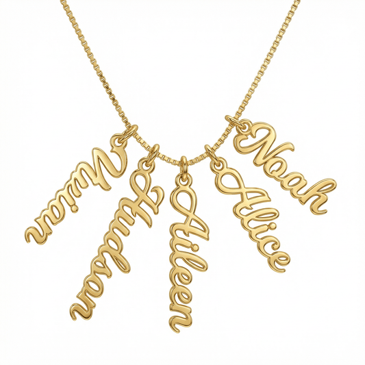 Multiple Vertical Name Necklace in 18K Gold Vermeil. Tarnish-resistant, perfect for daily wear.