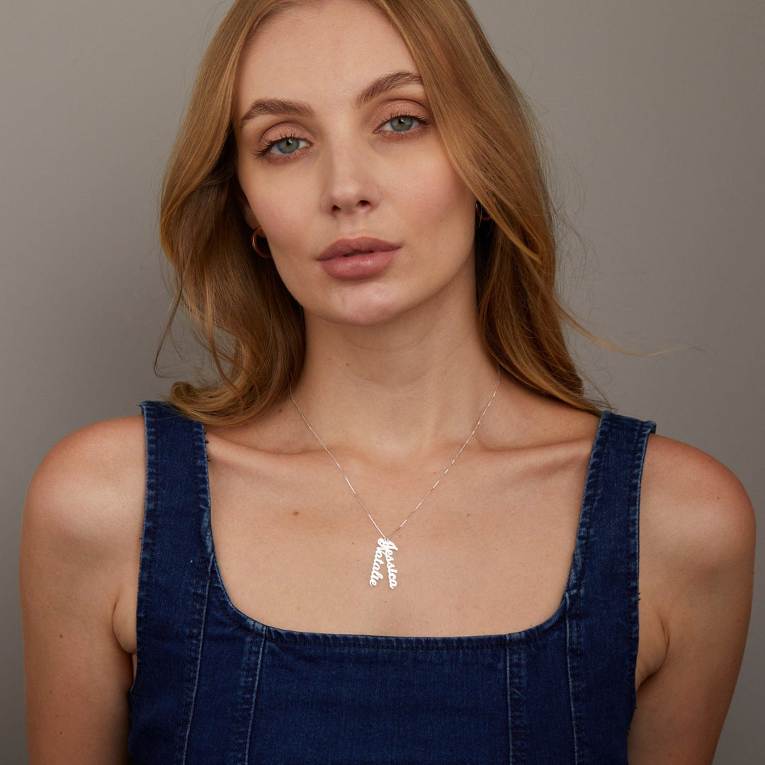 The Multiple Vertical Name Necklace as a mother's day gift in 18K Gold Vermeil. Safe for sensitive skin, made for keeping.