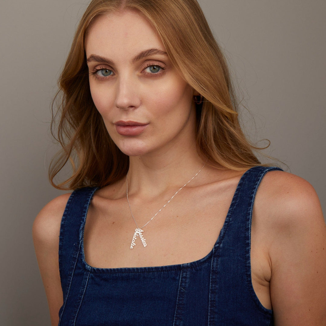The Multiple Vertical Name Necklace styled in 18K Gold Vermeil — elegant everyday jewelry. Hypoallergenic, no green marks.