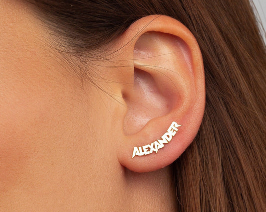 Close detail of the Name Earring in 18K Gold Vermeil. Tarnish-resistant, premium handmade jewelry.