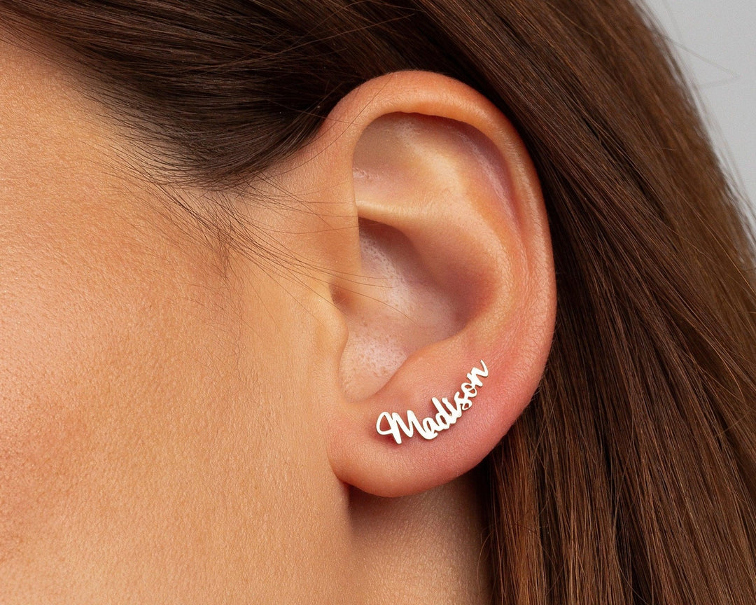 The Name Earring styled in 18K Gold Vermeil — elegant everyday jewelry. Hypoallergenic for sensitive ears.