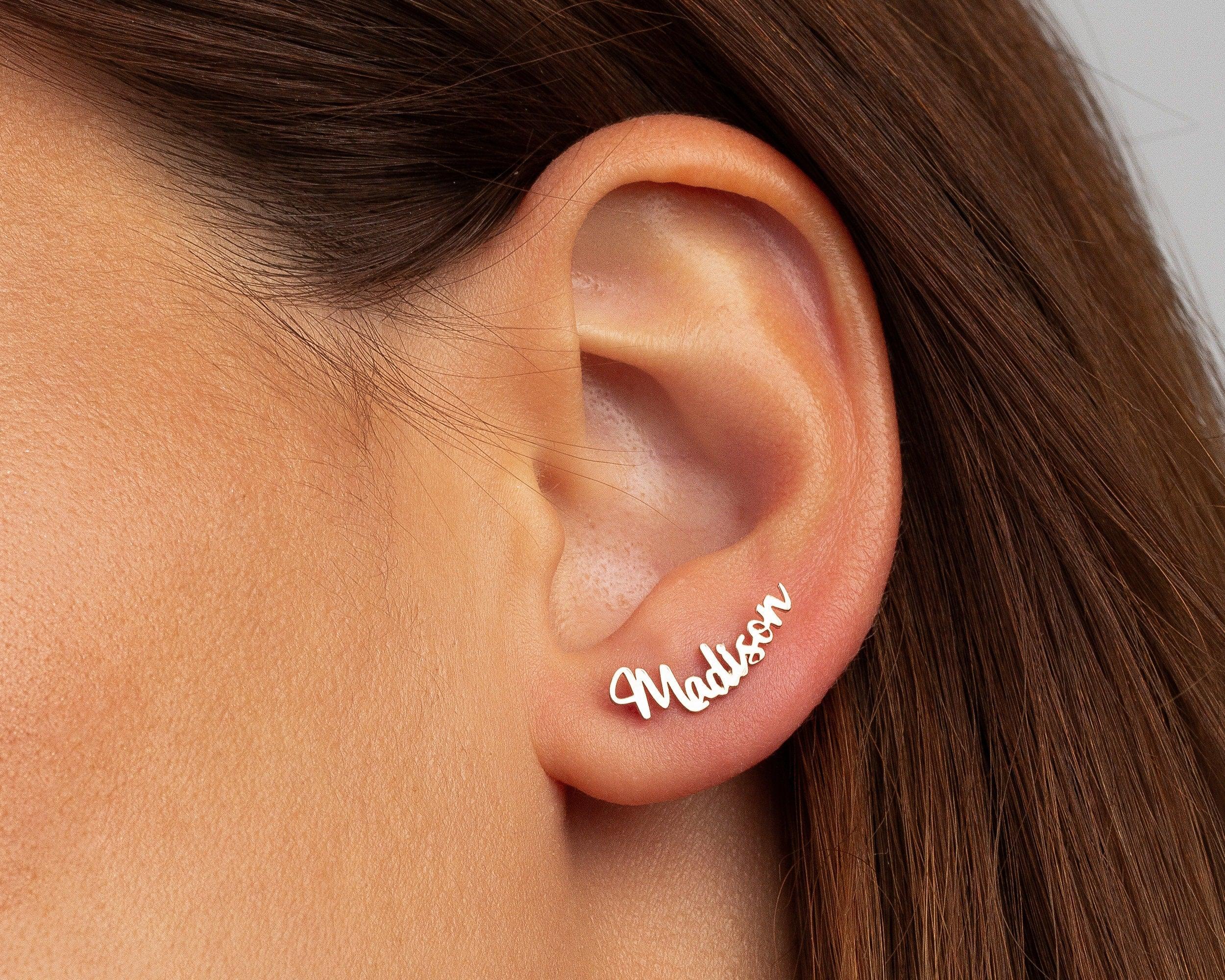 The Name Earring styled in 18K Gold Vermeil — elegant everyday jewelry. Hypoallergenic for sensitive ears.