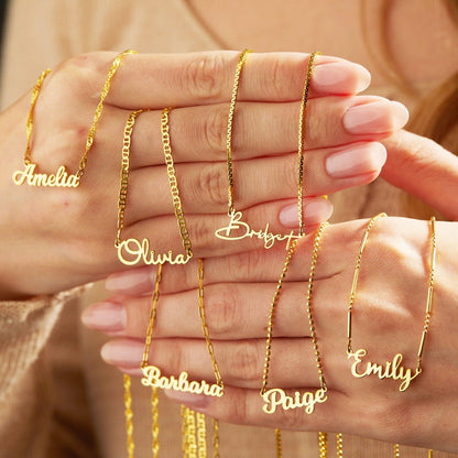 Close detail of the Name Necklace in 18K Gold Vermeil. Safe for sensitive skin, premium handmade jewelry.