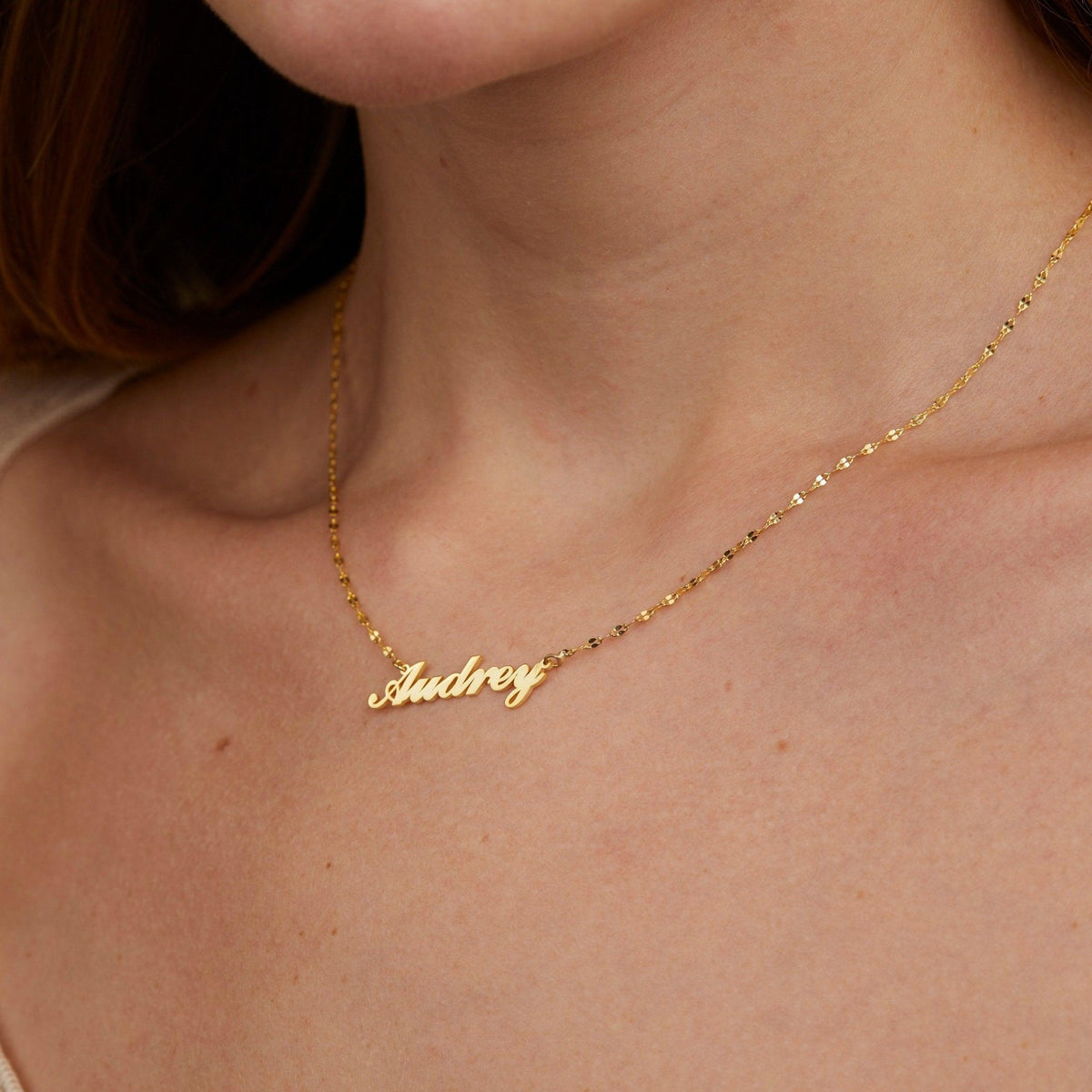 Macro detail of the Name Necklace showcasing craftsmanship in 18K Gold Vermeil. Tarnish-resistant, handmade.