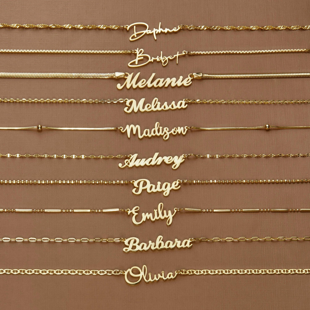 The Name Necklace styled in 18K Gold Vermeil — elegant everyday jewelry. Hypoallergenic, no green marks.