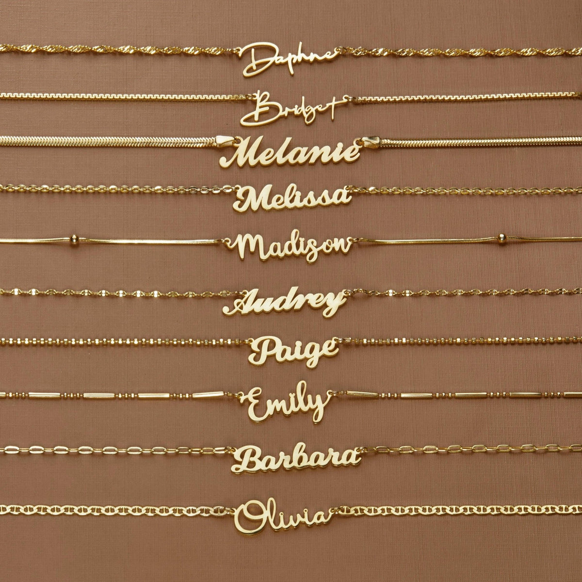 The Name Necklace styled in 18K Gold Vermeil — elegant everyday jewelry. Hypoallergenic, no green marks.