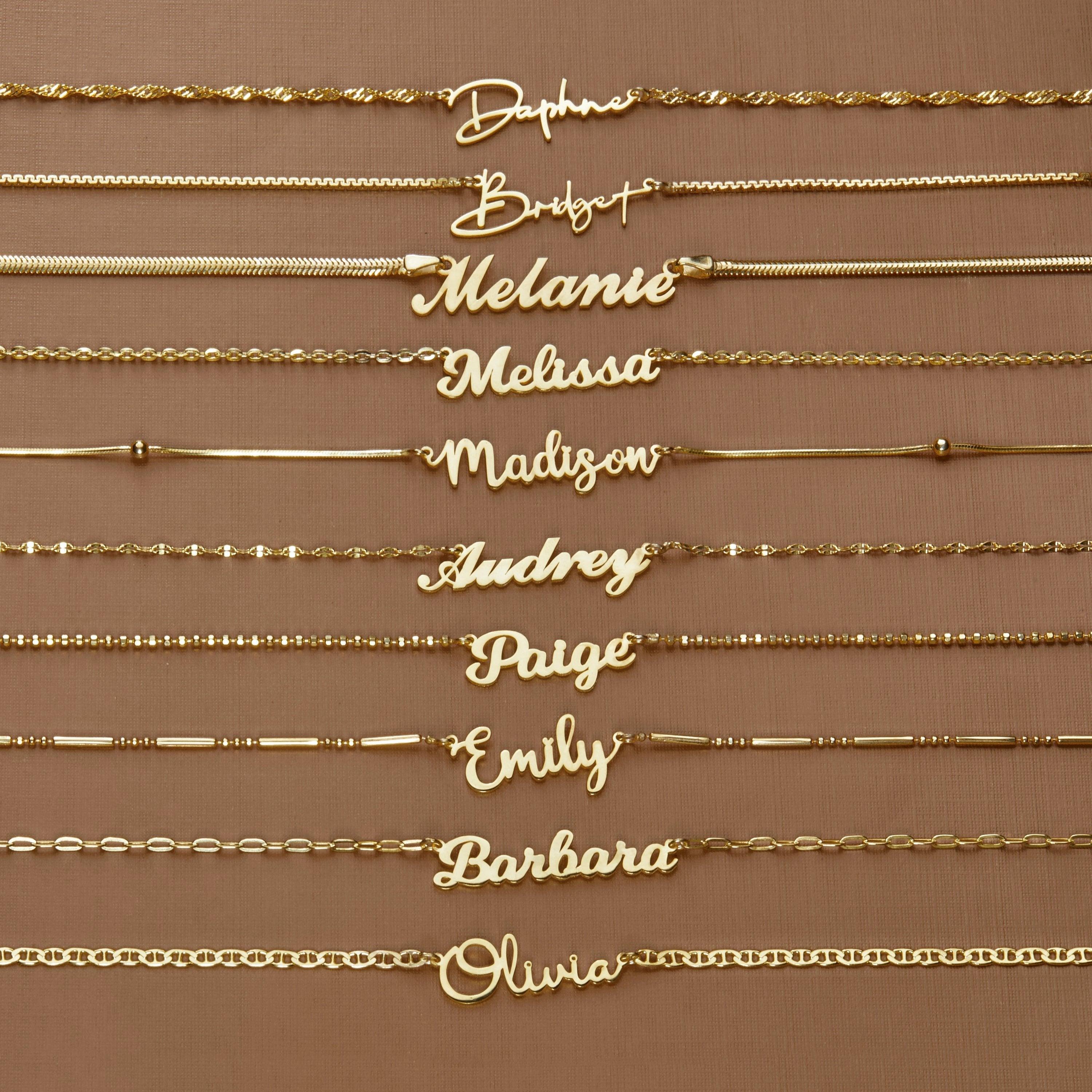 The Name Necklace styled in 18K Gold Vermeil — elegant everyday jewelry. Hypoallergenic, no green marks.