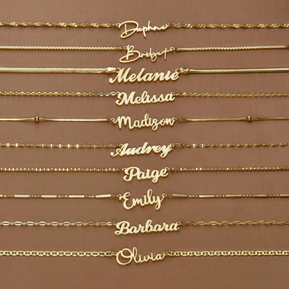 The Name Necklace styled in 18K Gold Vermeil — elegant everyday jewelry. Hypoallergenic, no green marks.