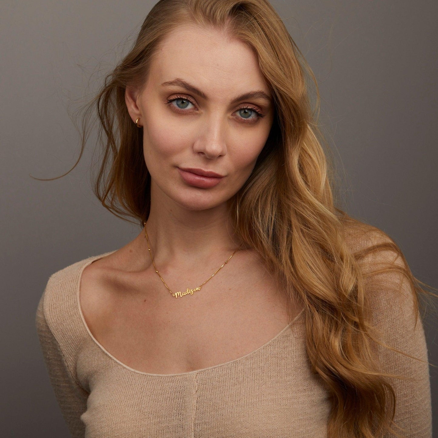 The Name Necklace worn in 18K Gold Vermeil — refined accessory for women. Safe for sensitive skin.