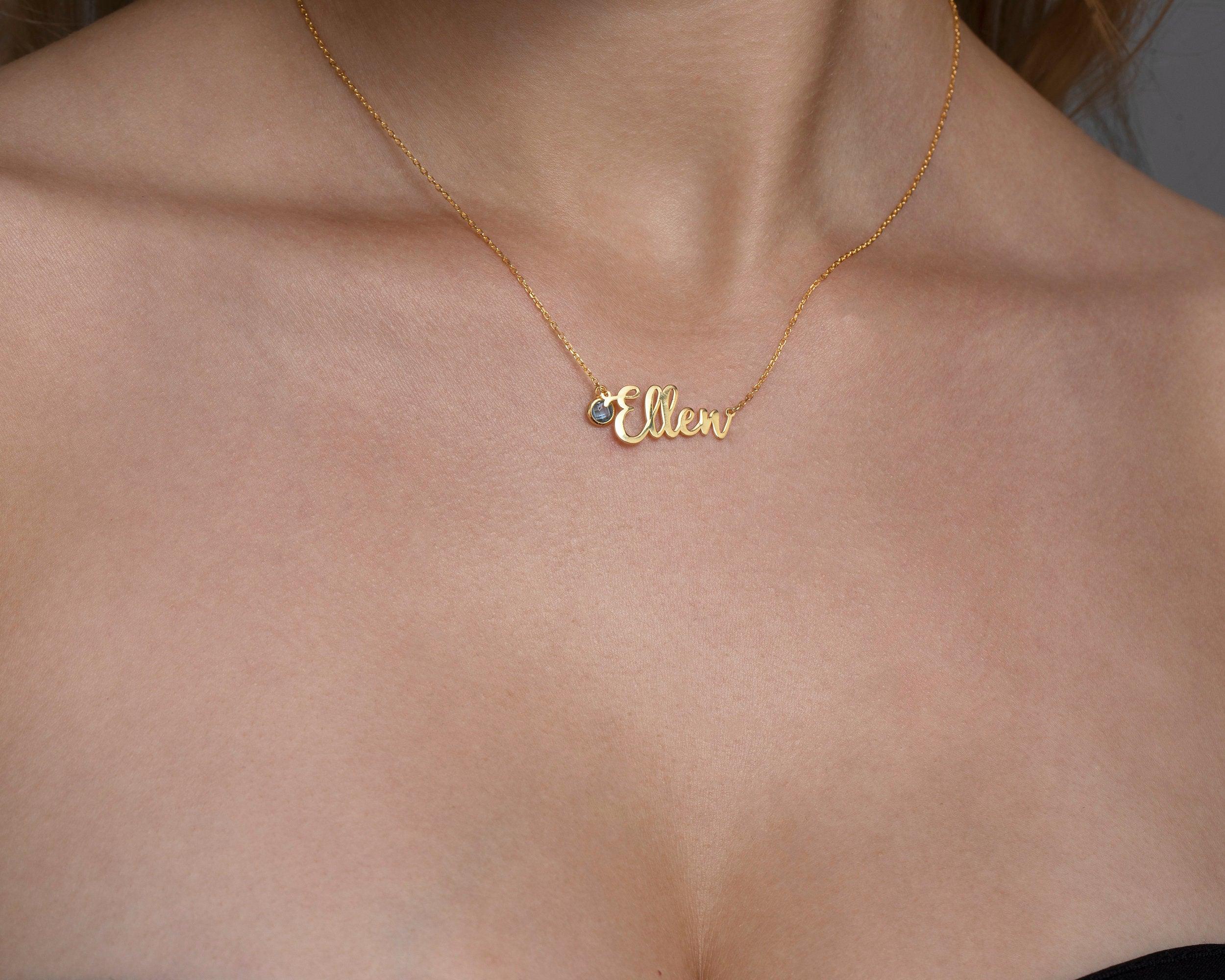 Name Necklace with Birthstone as a thoughtful birthday gift in 18K Gold Vermeil with Birthstone. Hypoallergenic, no green.