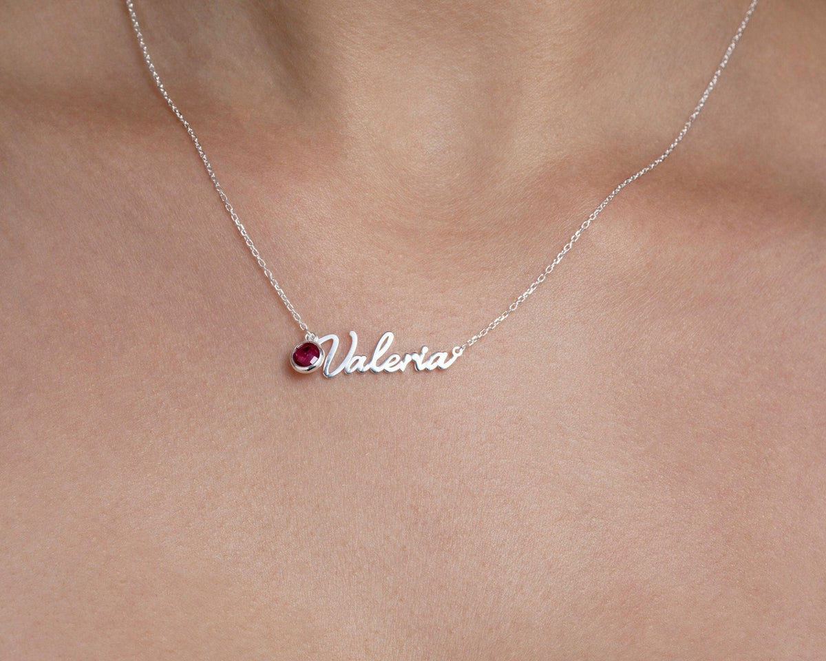 The Name Necklace with Birthstone styled in 18K Gold Vermeil — elegant everyday jewelry. Hypoallergenic, no green marks.