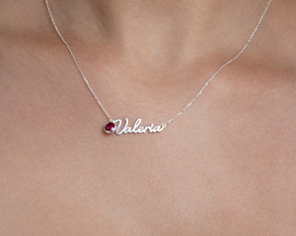 The Name Necklace with Birthstone styled in 18K Gold Vermeil — elegant everyday jewelry. Hypoallergenic, no green marks.