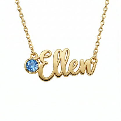 Name Necklace with Birthstone in 18K Gold Vermeil with Birthstone. Tarnish-resistant, perfect for daily wear.