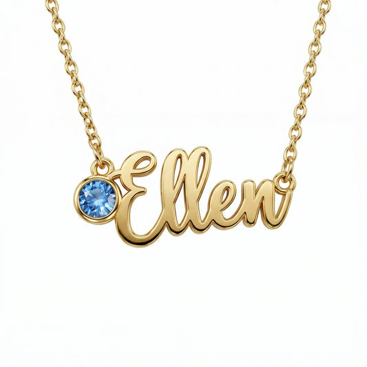 Name Necklace with Birthstone in 18K Gold Vermeil with Birthstone. Tarnish-resistant, perfect for daily wear.
