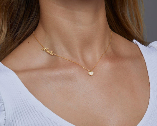 Close detail of the Name Necklace with Heart Pendant in 18K Gold Vermeil. Safe for sensitive skin, premium handmade jewelry.
