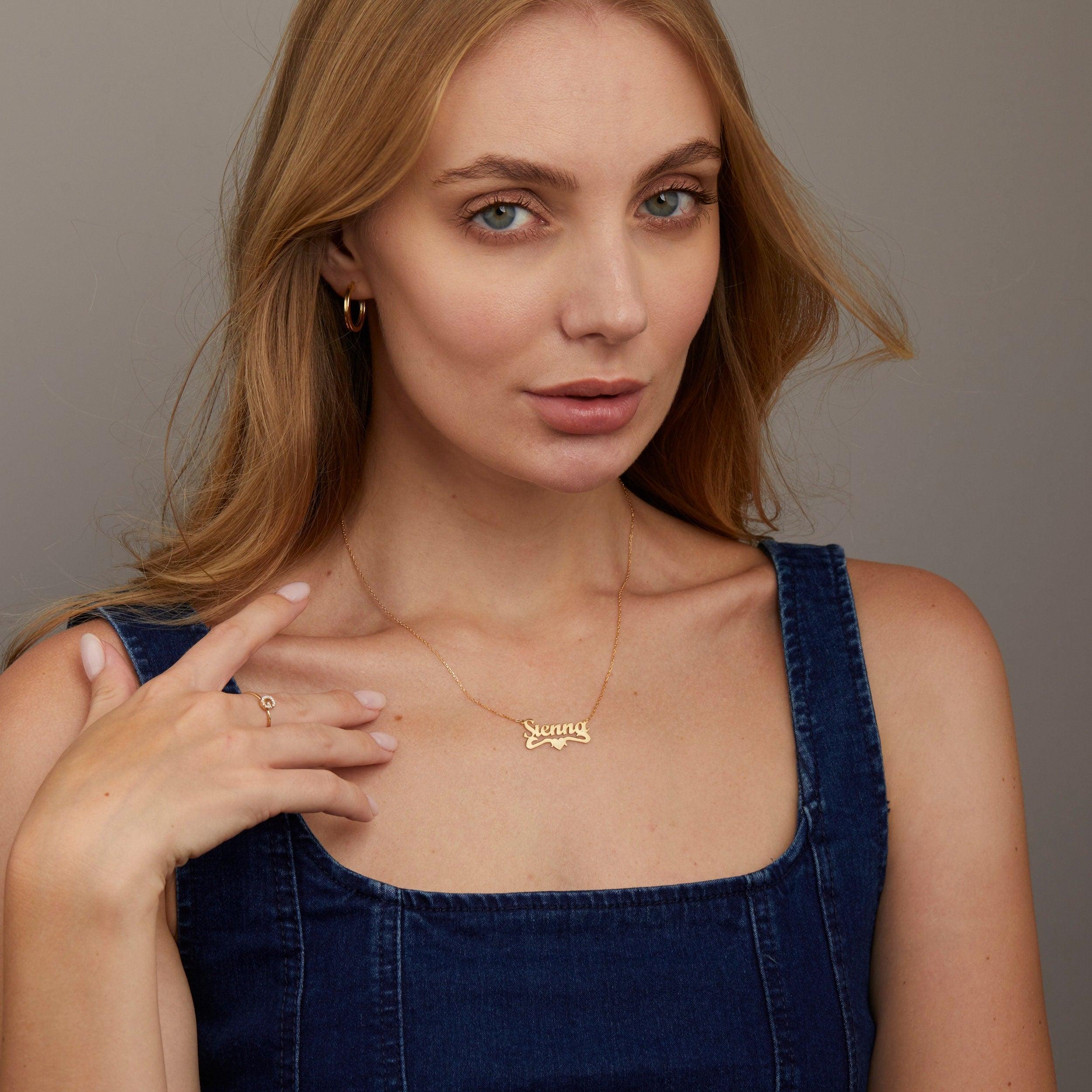 The Name Necklace with Heart styled in 18K Gold Vermeil — elegant everyday jewelry. Hypoallergenic, no green marks.