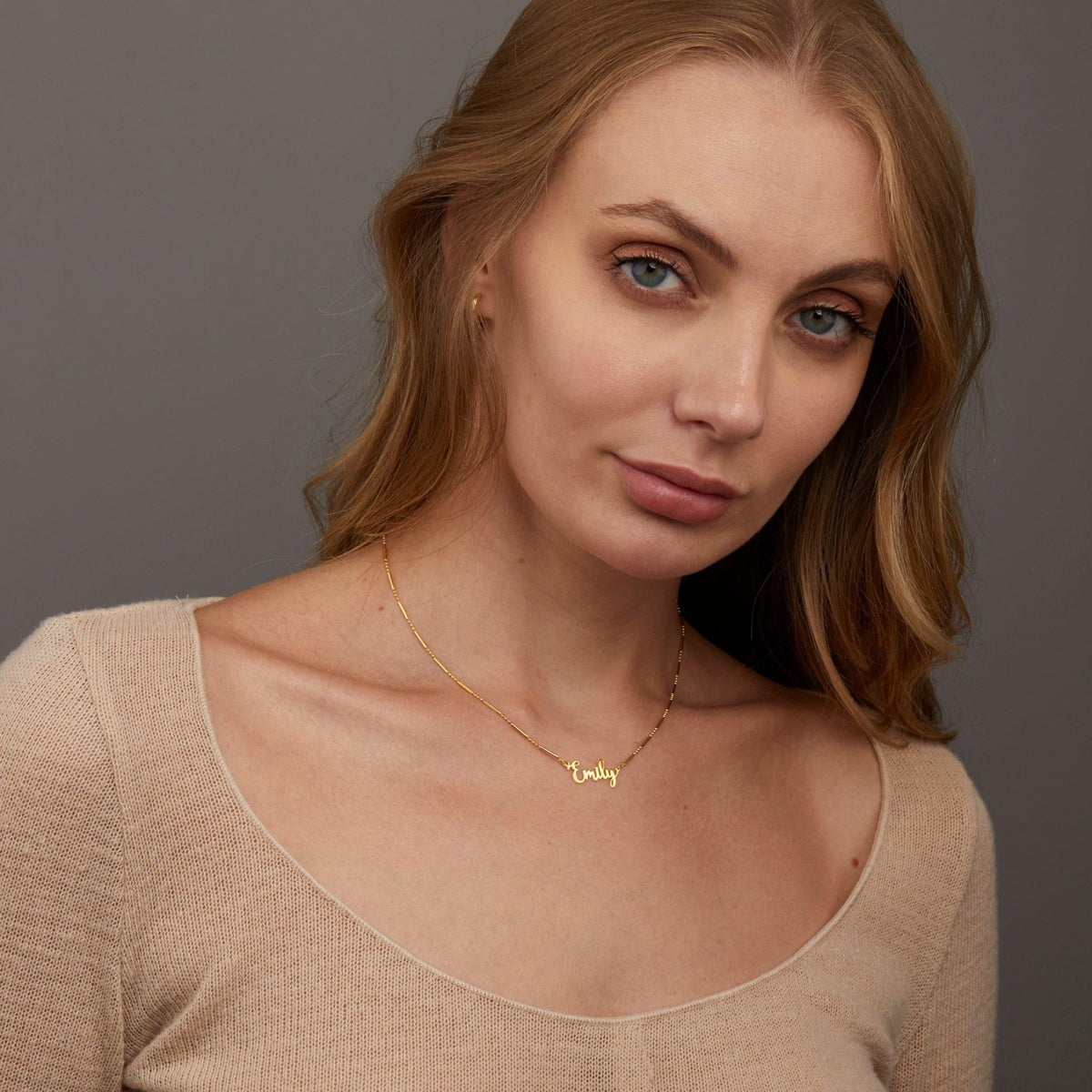 The Name Necklace with Italian Chain styled in 18K Gold Vermeil — elegant everyday jewelry. Hypoallergenic, no green marks.