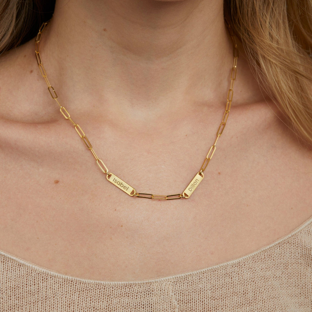 Macro detail of the Name Necklace with Paperclip Chain showcasing craftsmanship in 18K Gold Vermeil. Tarnish-resistant.
