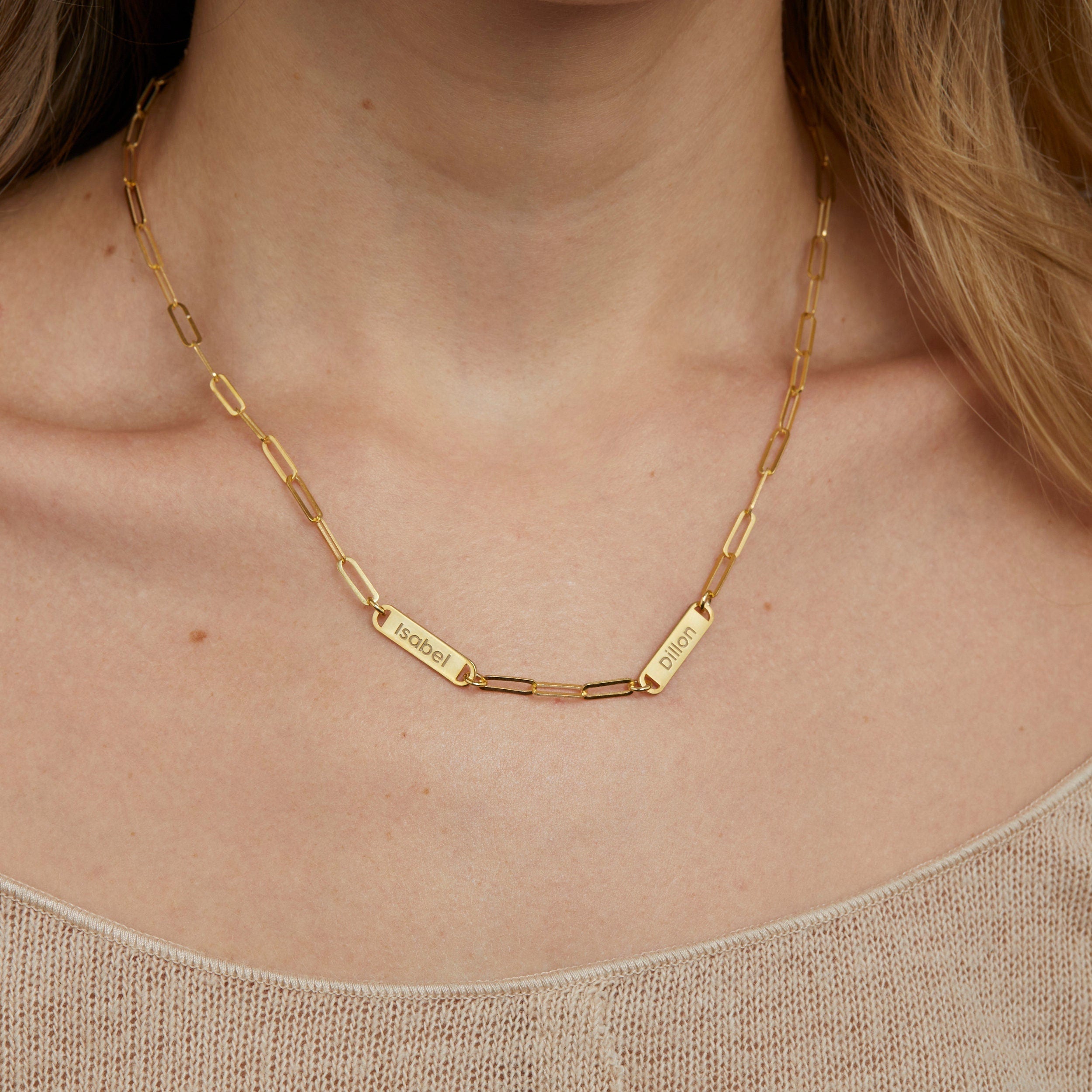Macro detail of the Name Necklace with Paperclip Chain showcasing craftsmanship in 18K Gold Vermeil. Tarnish-resistant.