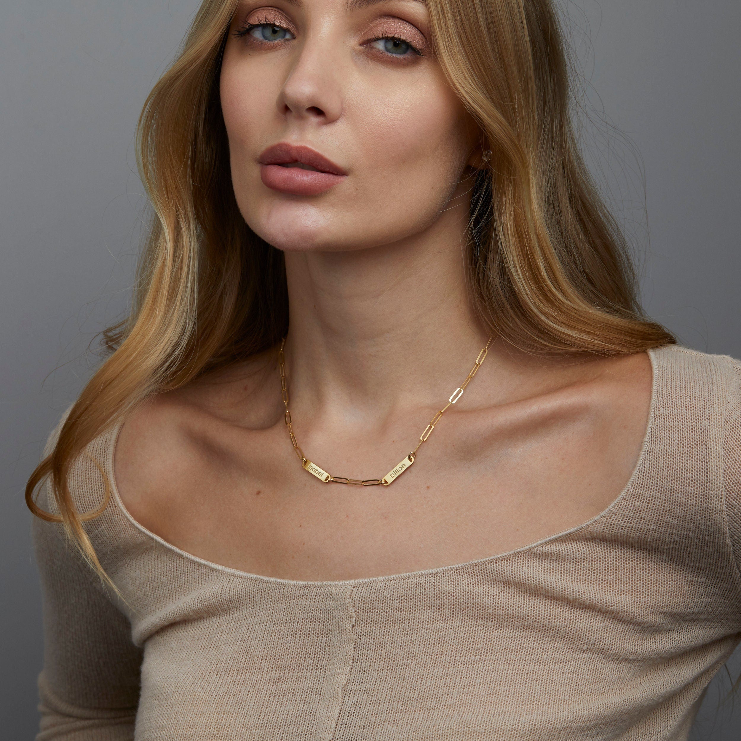 Name Necklace with Paperclip Chain in Glamour Jewelry House gift box — 18K Gold Vermeil anniversary gift. Tarnish-resistant.