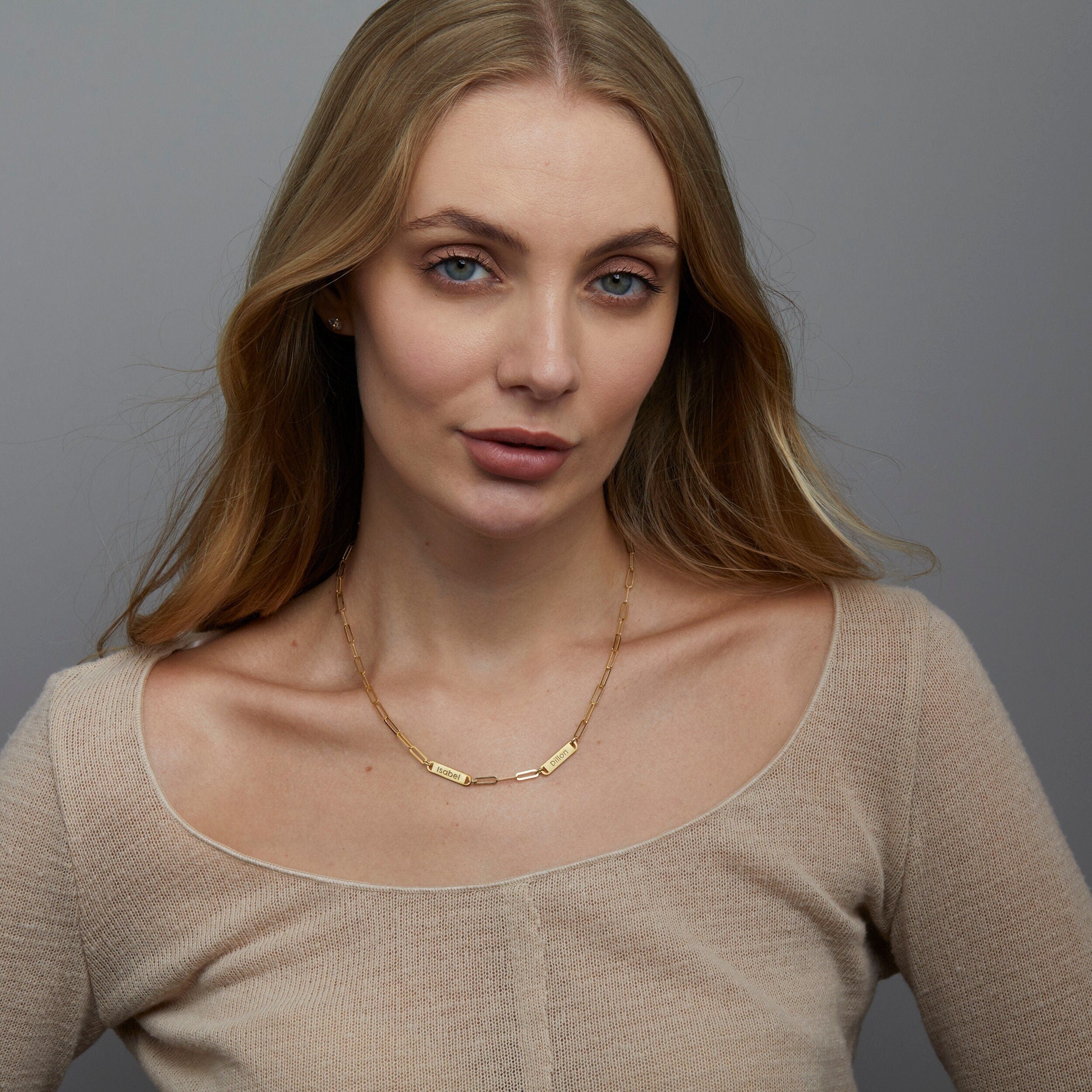 The Name Necklace with Paperclip Chain worn in 18K Gold Vermeil — refined accessory for women. Safe for sensitive skin.