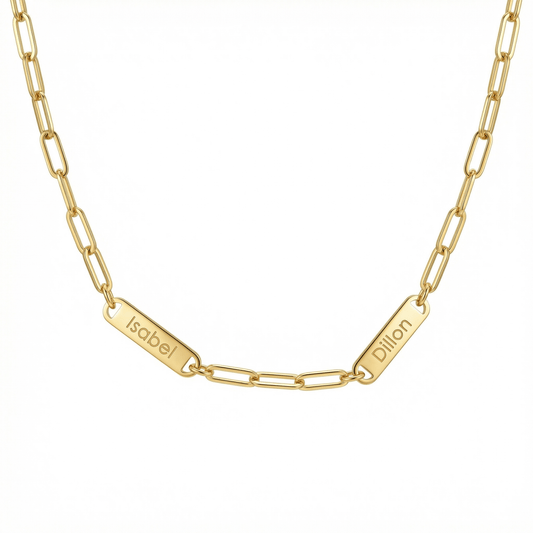 Name Necklace with Paperclip Chain in 18K Gold Vermeil. Tarnish-resistant, perfect for daily wear.