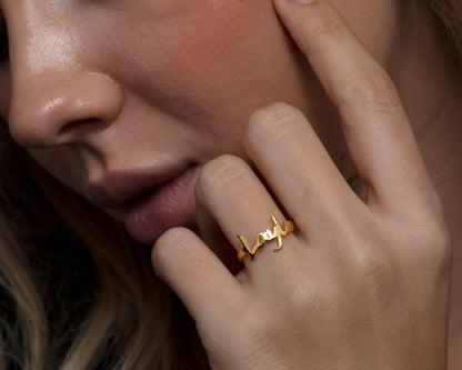 The Name Ring as an anniversary gift in 18K Gold Vermeil. Tarnish-resistant, made for keeping.