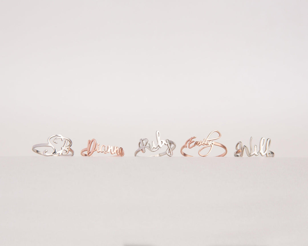 The Name Ring styled in 18K Gold Vermeil — elegant everyday jewelry. Tarnish-resistant.
