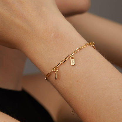 Macro detail of the Name Tag Bracelet with Paperclip Chain showcasing craftsmanship in 18K Gold Vermeil. Tarnish-resistant.