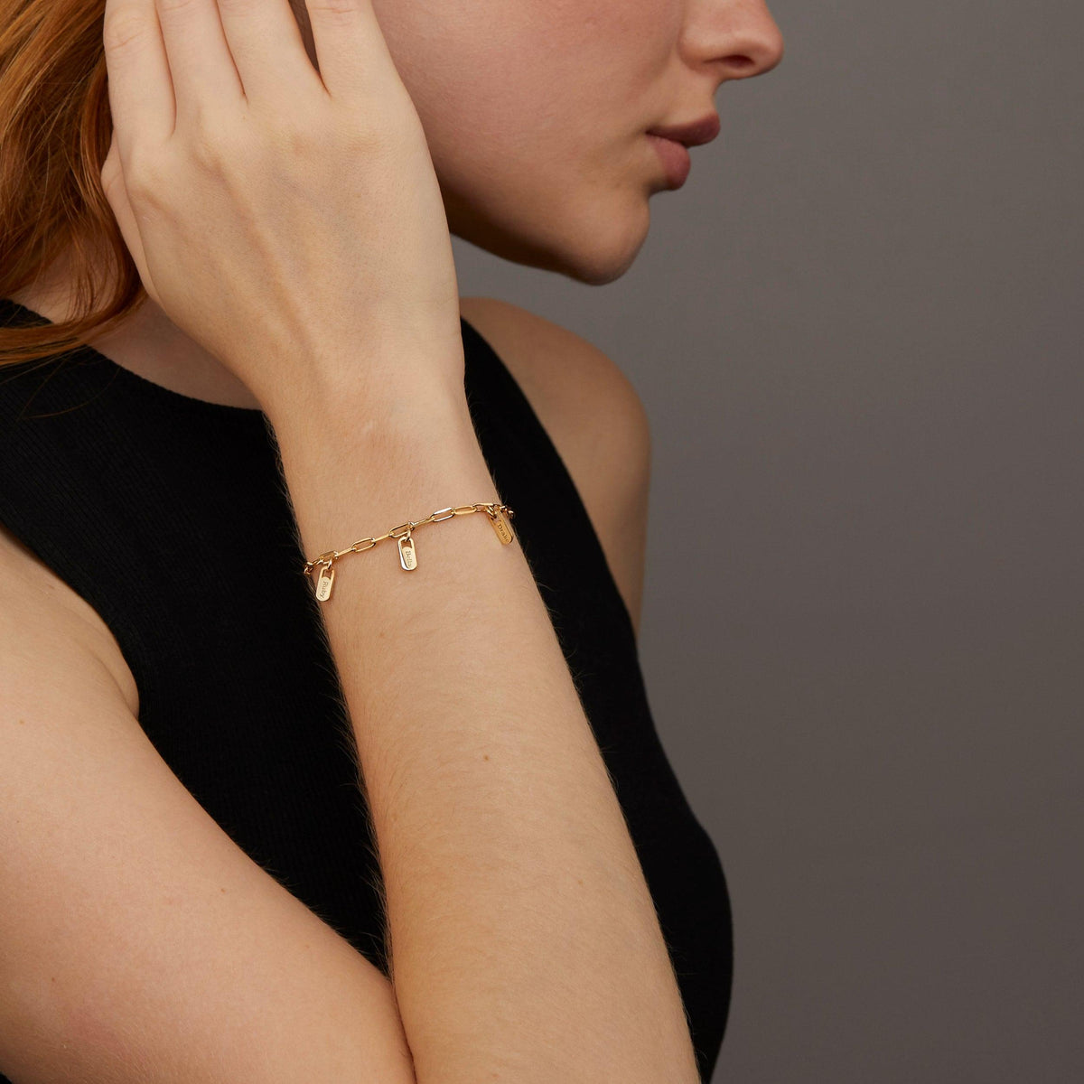 Name Tag Bracelet With as a gift in 18K Gold Vermeil. Hypoallergenic, no green marks.