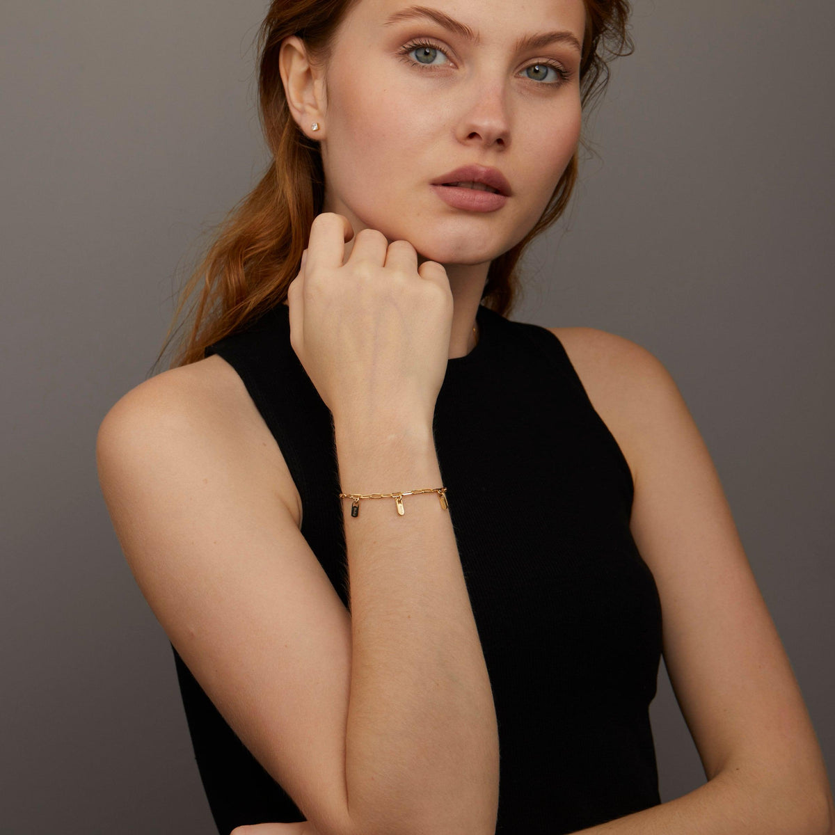 Name Tag Bracelet with Paperclip Chain in Glamour Jewelry House gift box — 18K Gold Vermeil anniversary gift.