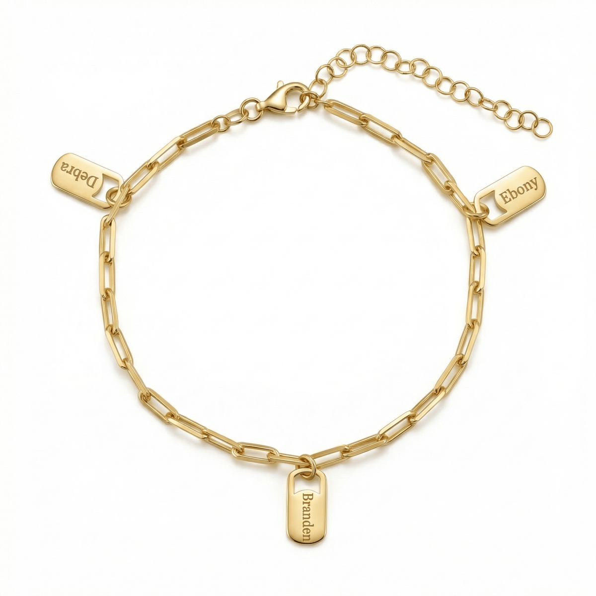Name Tag Bracelet with Paperclip Chain in 18K Gold Vermeil. Tarnish-resistant, perfect for daily wear.