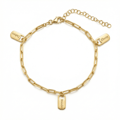 Name Tag Bracelet with Paperclip Chain in 18K Gold Vermeil. Tarnish-resistant, perfect for daily wear.