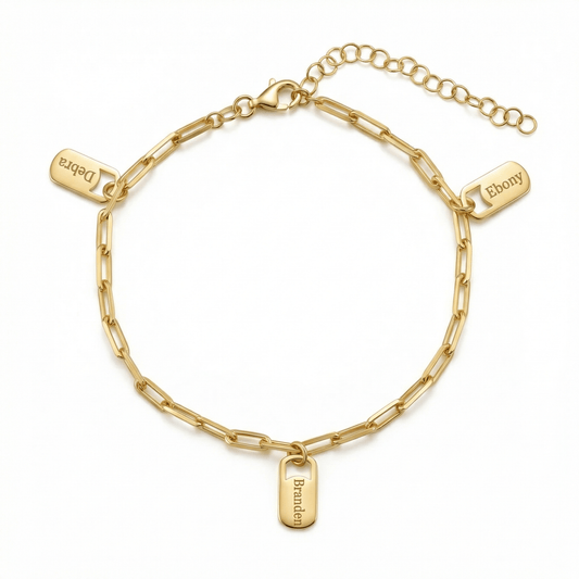 Name Tag Bracelet with Paperclip Chain in 18K Gold Vermeil. Tarnish-resistant, perfect for daily wear.
