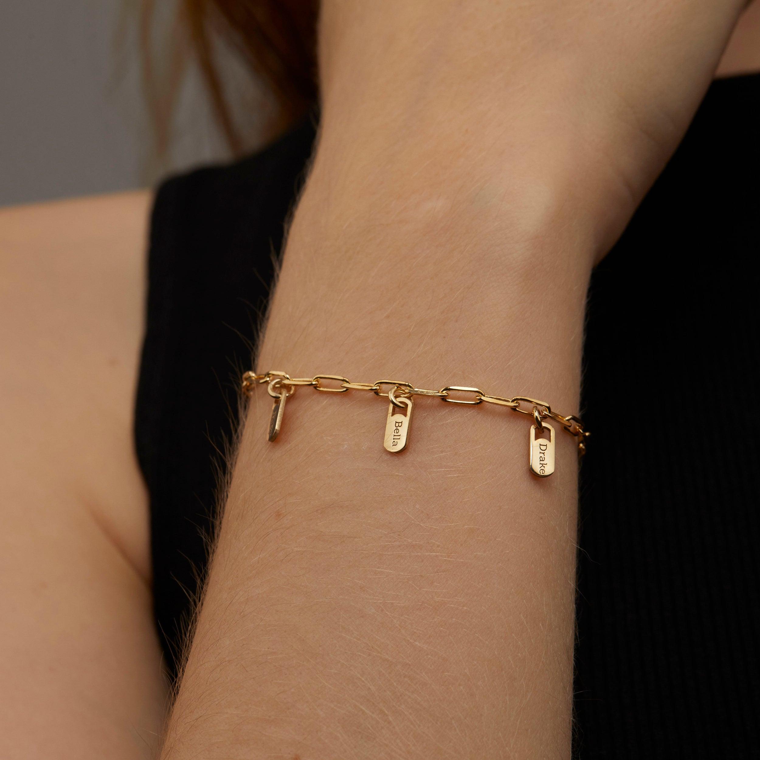 The Name Tag Bracelet with Paperclip Chain styled in 18K Gold Vermeil — elegant everyday jewelry. Hypoallergenic, no green.
