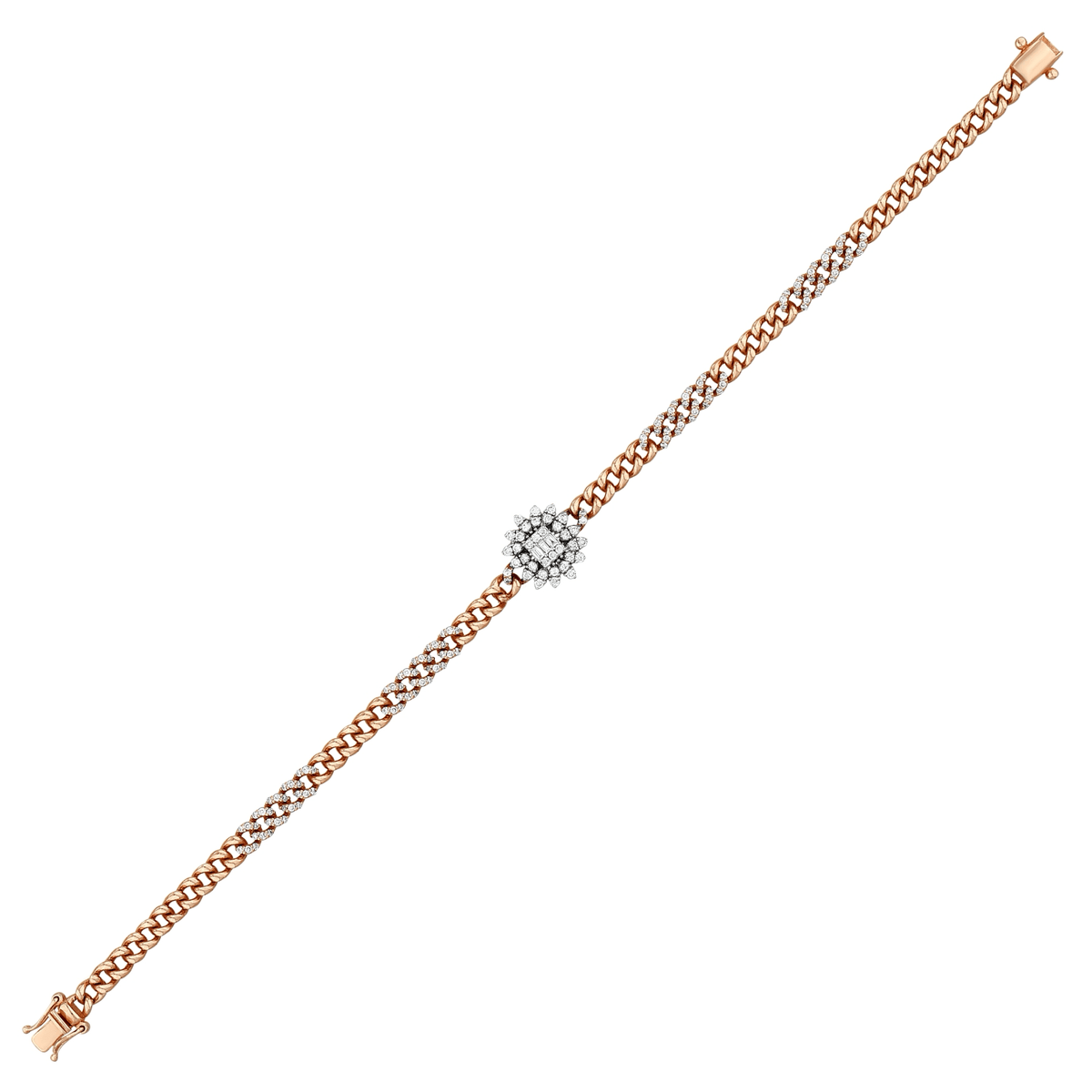 0.74 ct natural diamond sunburst curb bracelet in 14K rose gold with a white-gold baguette centre, full length