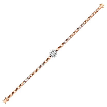 0.74 ct natural diamond sunburst curb bracelet in 14K rose gold with a white-gold baguette centre, full length