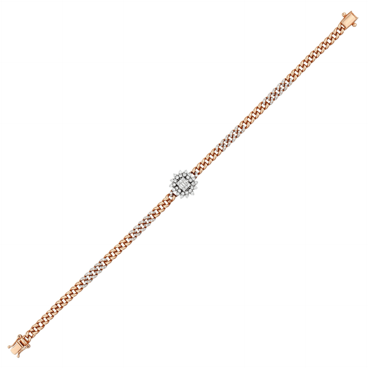 0.74 ct natural diamond sunburst curb bracelet in 14K rose gold with a white-gold baguette centre, full length