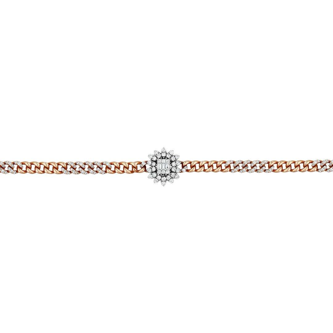 Close view of the white-gold baguette sunburst and the diamond-paved rose gold curb links
