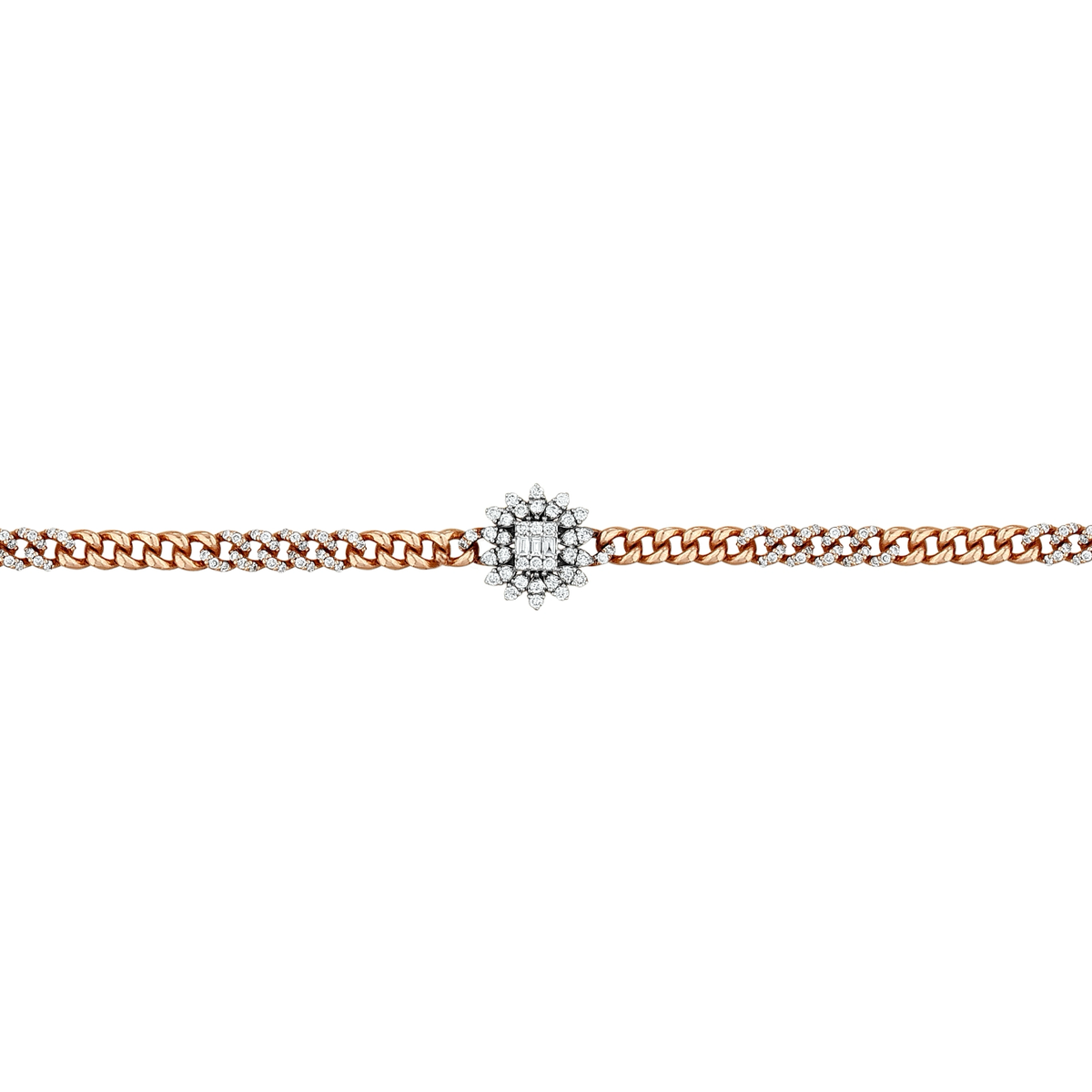 Close view of the white-gold baguette sunburst and the diamond-paved rose gold curb links