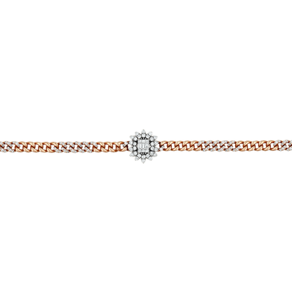 Close view of the white-gold baguette sunburst and the diamond-paved rose gold curb links
