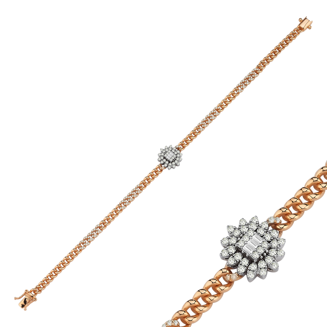 Natural diamond curb bracelet in 14K rose gold with a close-up of the baguette and pear diamond sunburst