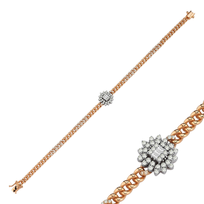 Natural diamond curb bracelet in 14K rose gold with a close-up of the baguette and pear diamond sunburst