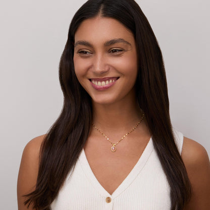 Close detail of the Natural Birthstone Necklace in 18K Gold Vermeil with Birthstone and CZ Diamond. Safe for sensitive.