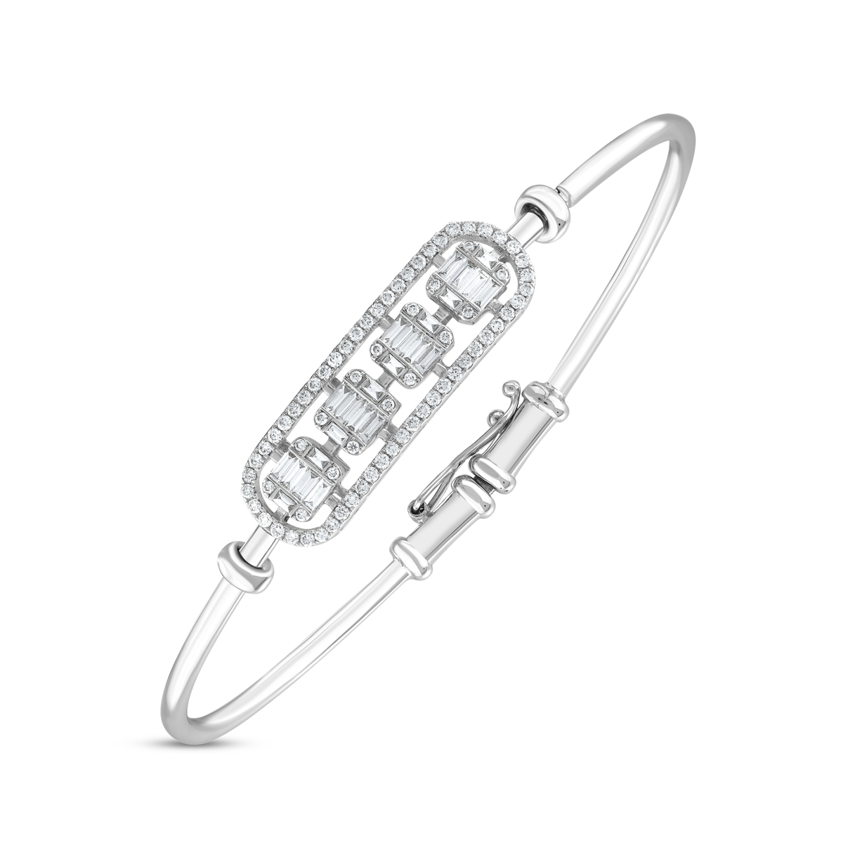 18K white gold hinged bangle with natural baguette and round diamonds, angled view