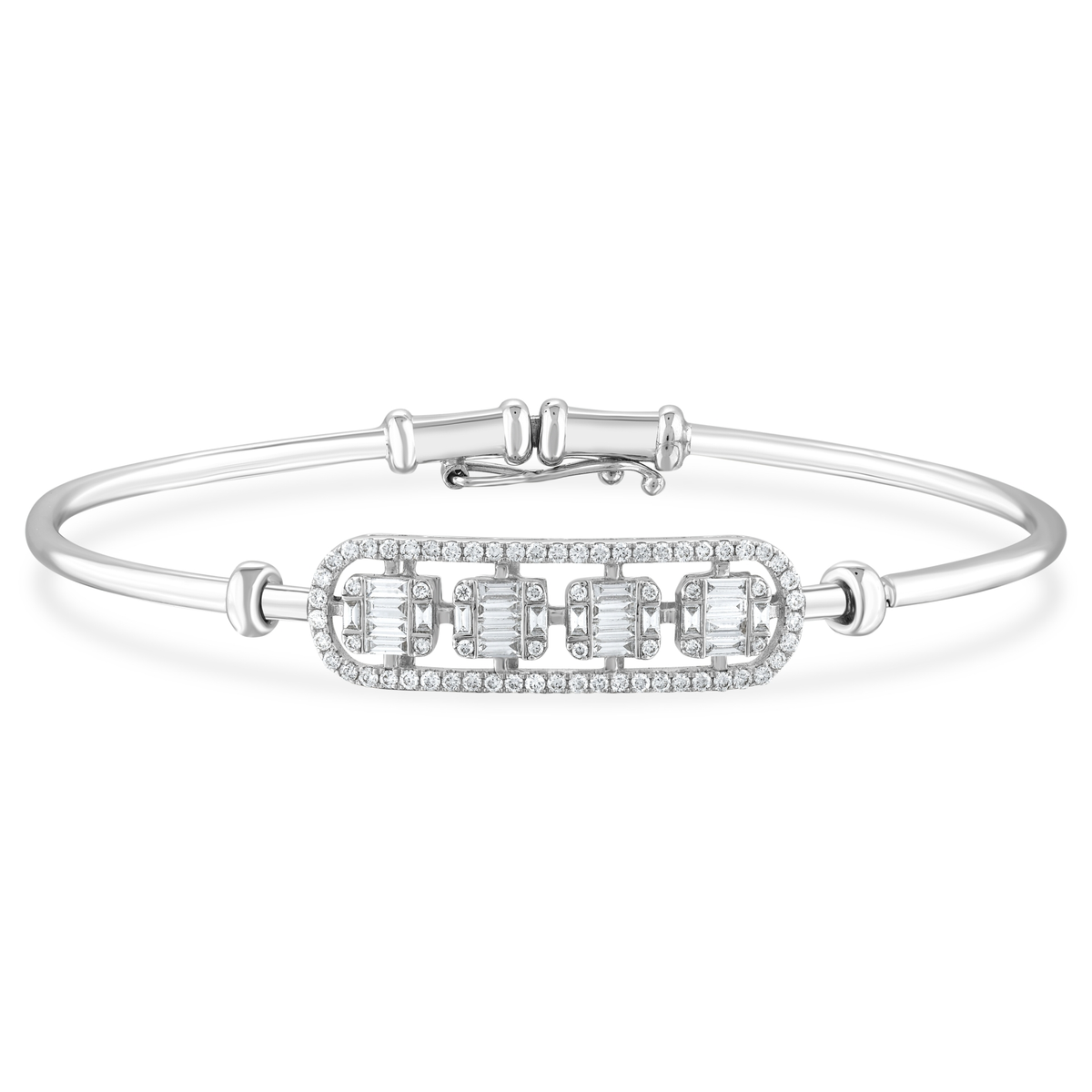 Natural diamond baguette bar hinged bangle bracelet in 18K solid white gold, front view